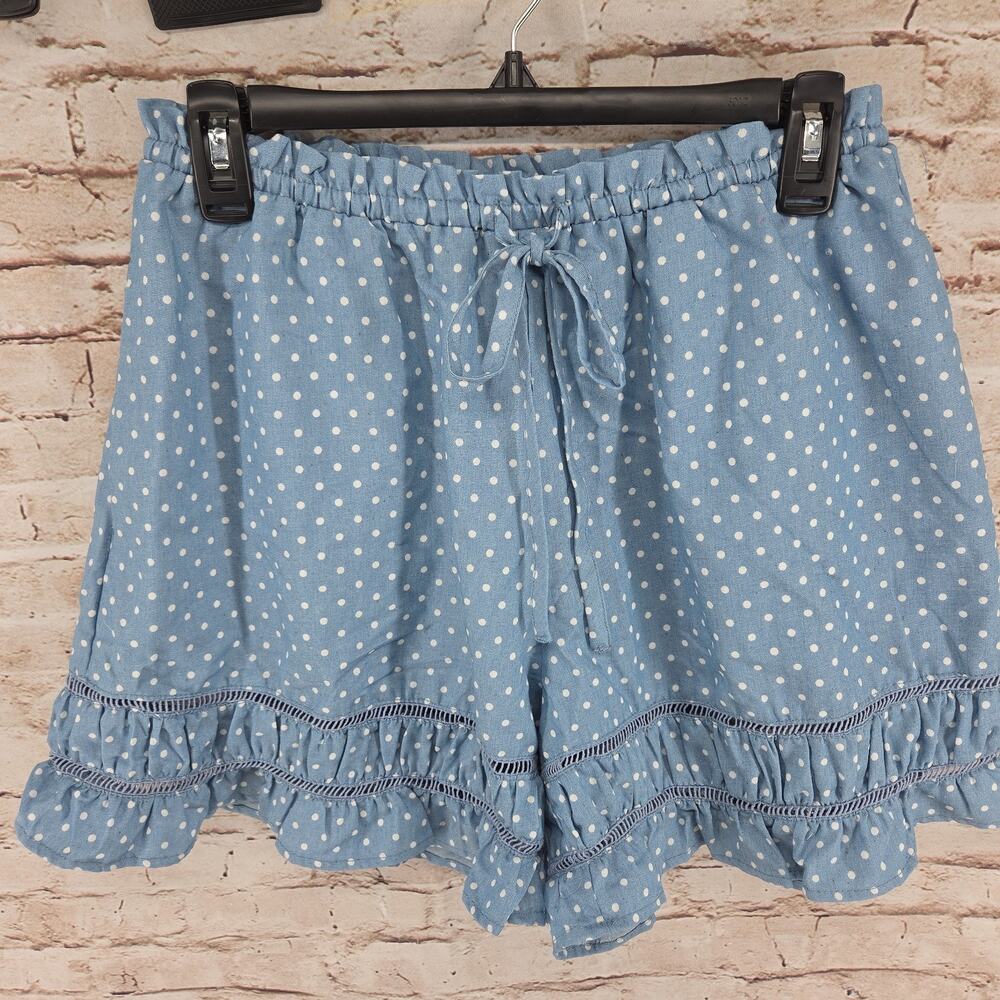 Peach Love California Ruffled Shorts Polks Dot Size Medium NEW Blue Pockets
